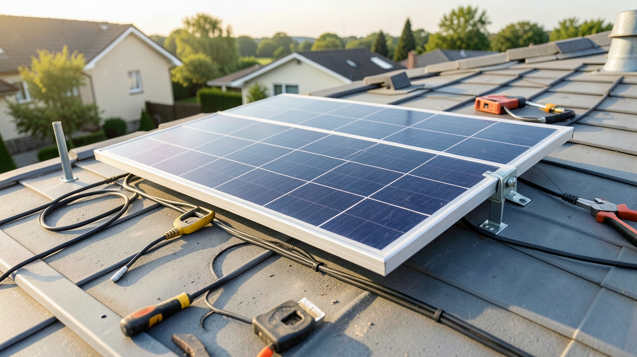 panneau solaire 410W en cours d'installation sur un toit résidentiel