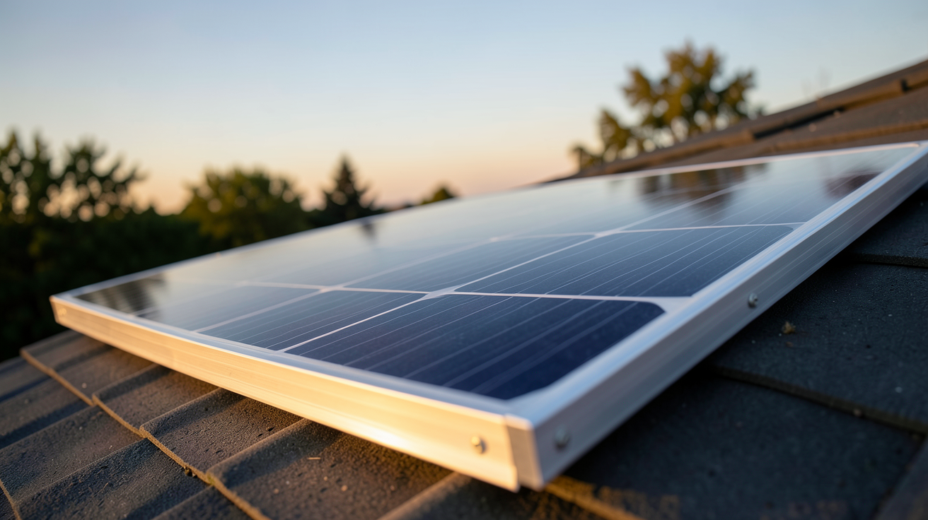 panneau solaire 450W posé sur un toit incliné avec des arbres en arrière-plan
