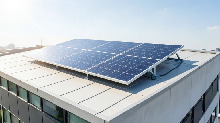 panneau solaire 450w prix installé sur le toit d'un bâtiment moderne, éclairé par le soleil, montrant la technologie photovoltaïque de haute puissance.