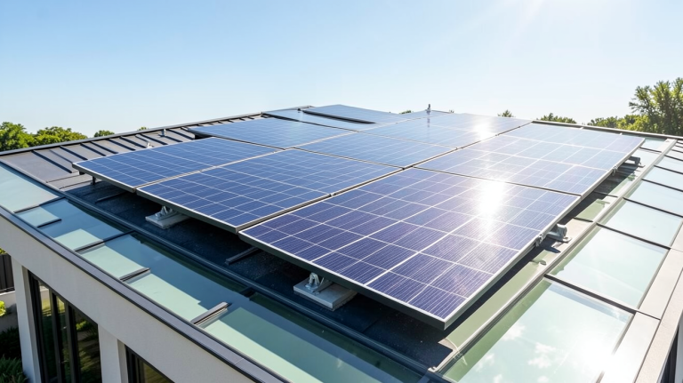panneau solaire 450w installé sur le toit d'une habitation moderne sous un ciel bleu