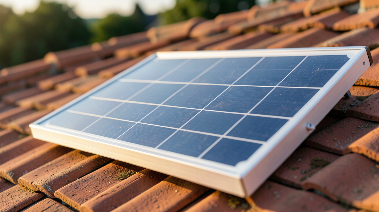 panneau solaire 450W monocristallin posé sur un toit en tuiles rouges avec lumière naturelle du matin