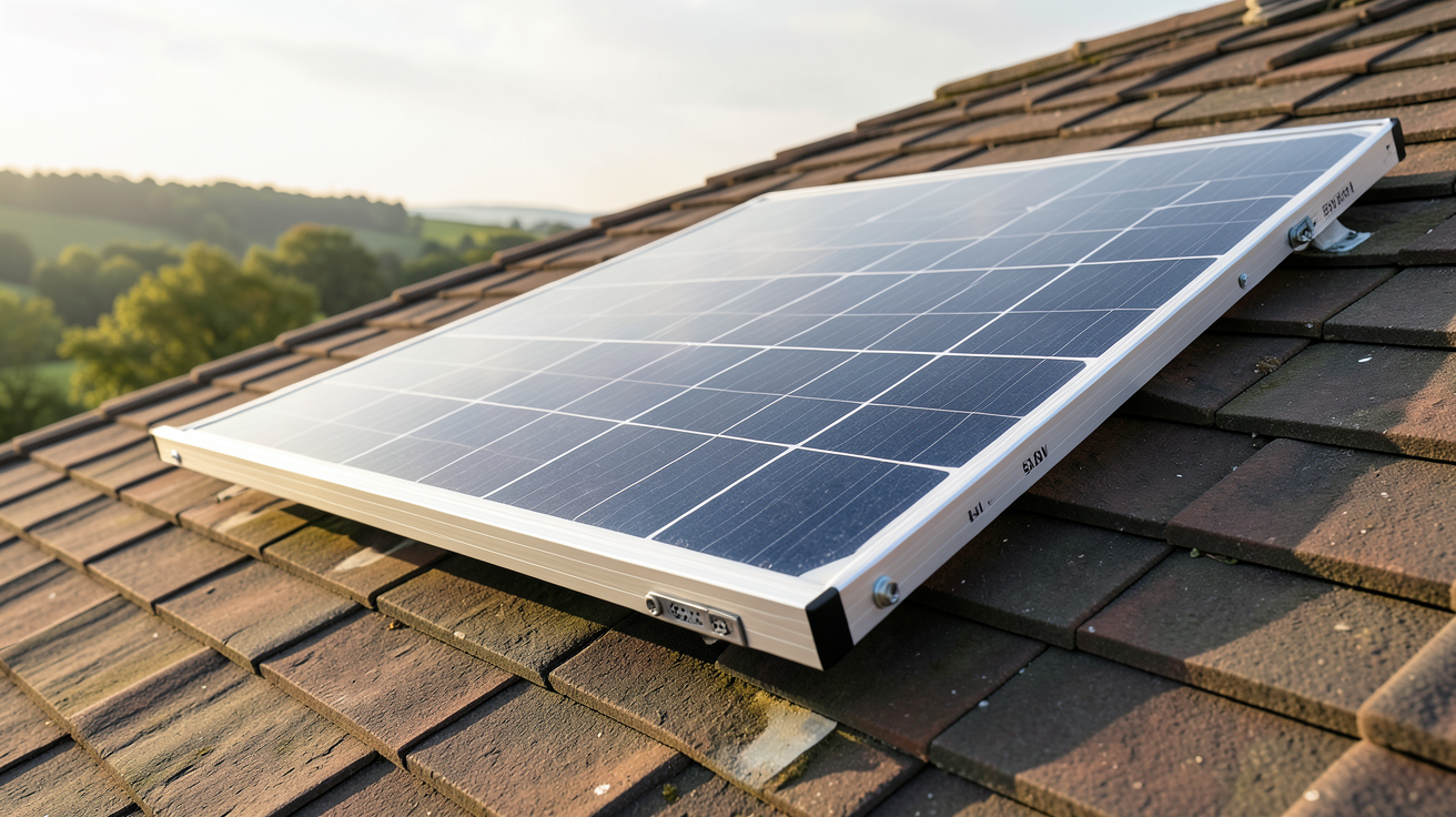 panneau solaire 48V 500W installé sur un toit incliné avec vue détaillée des connecteurs et du cadre