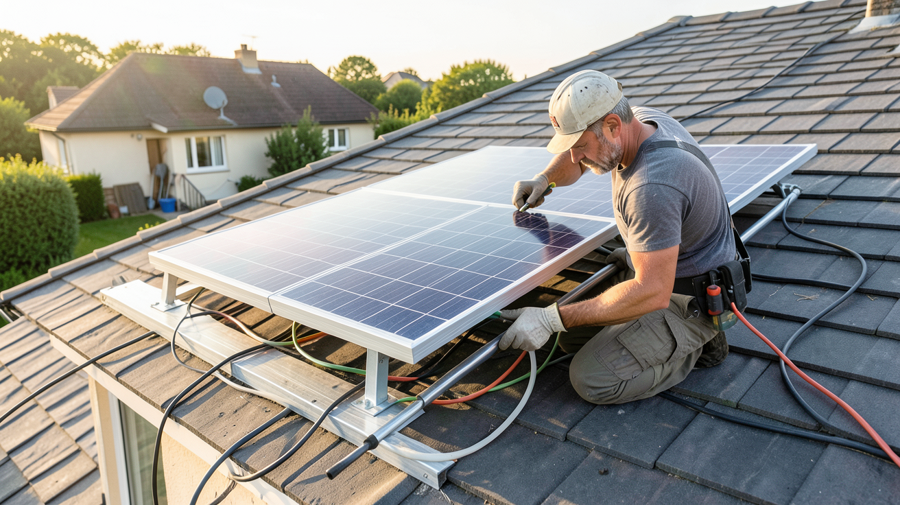 panneau solaire 48V 500W en cours d'installation sur un toit résidentiel par un professionnel