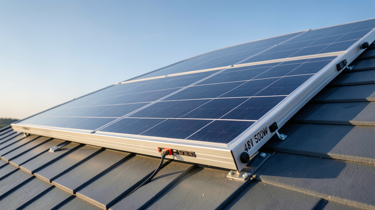 panneau solaire 48V 500W installé sur un toit incliné avec calcul de rentabilité et retour sur investissement