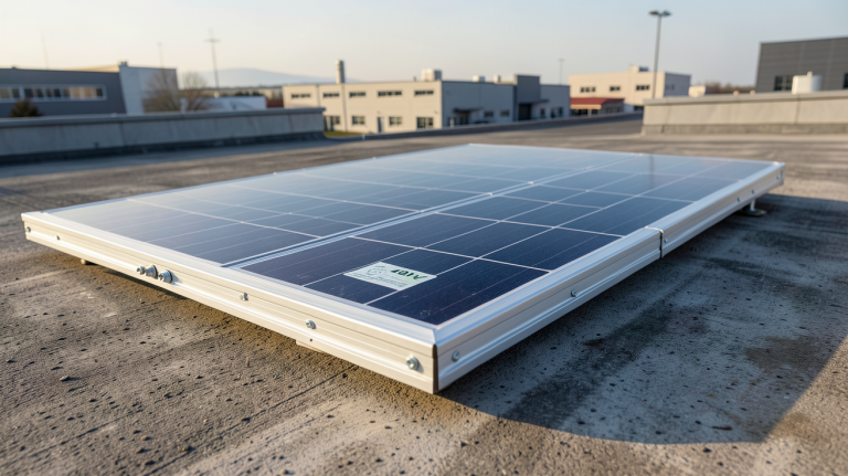 panneau solaire 48V installé sur un toit d'entreprise avec vue sur un ciel dégagé