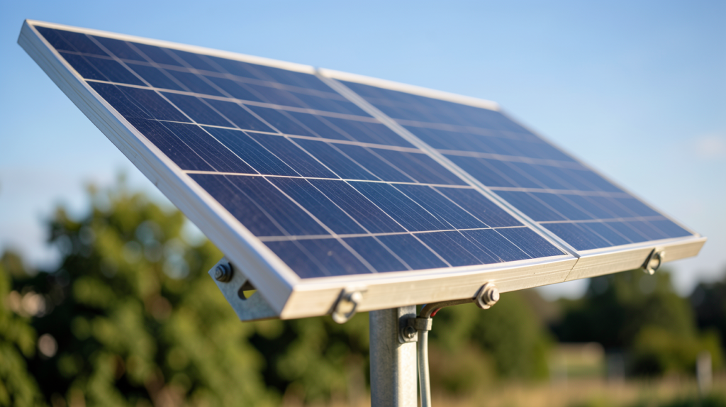 panneau solaire 50 watts installé en extérieur sur un support métallique