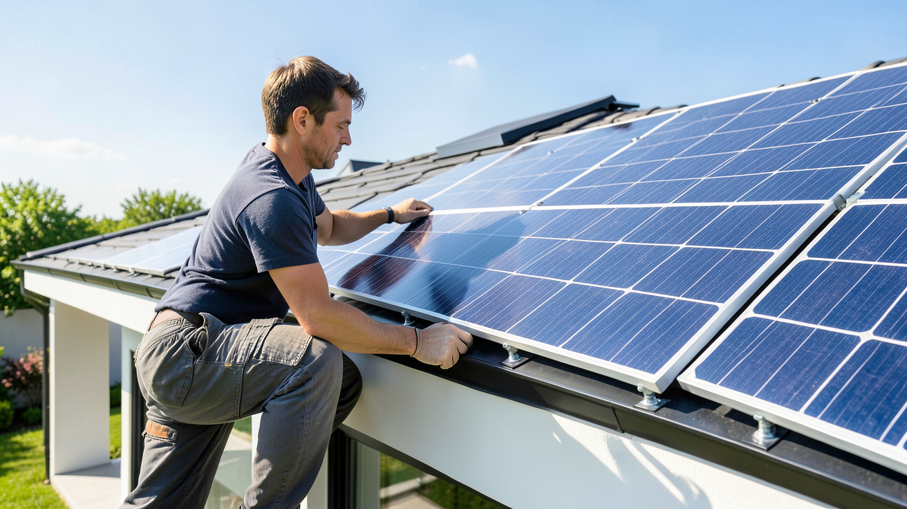 panneau solaire 500 watts en cours d'installation sur une toiture résidentielle par un professionnel