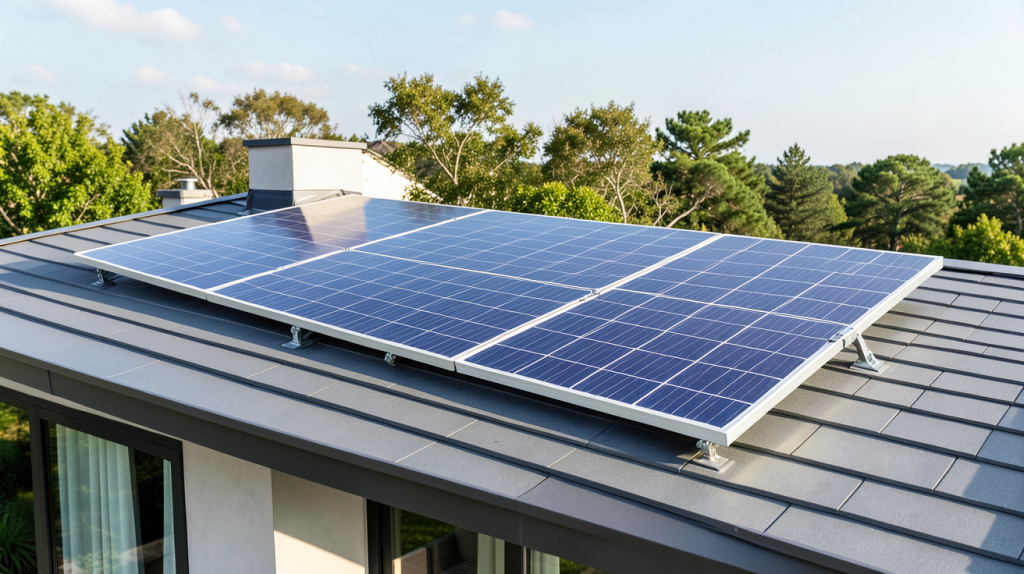 panneau solaire 500 watts installé sur le toit d'une maison moderne sous le soleil, vue réaliste et détaillée
