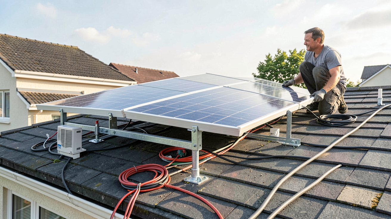 panneau solaire 5000w installation kit complet sur toit de maison avec onduleurs et supports métalliques