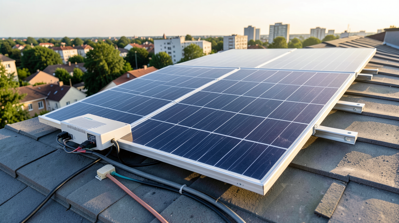 panneau solaire 500W 230V kit plug & play installé sur un toit résidentiel avec onduleur intégré