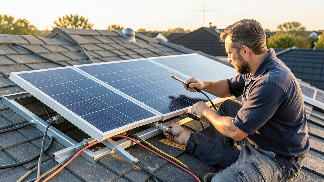 panneau solaire 500w 48v monocristallin en cours d'installation sur un toit avec fixation et câblage visible