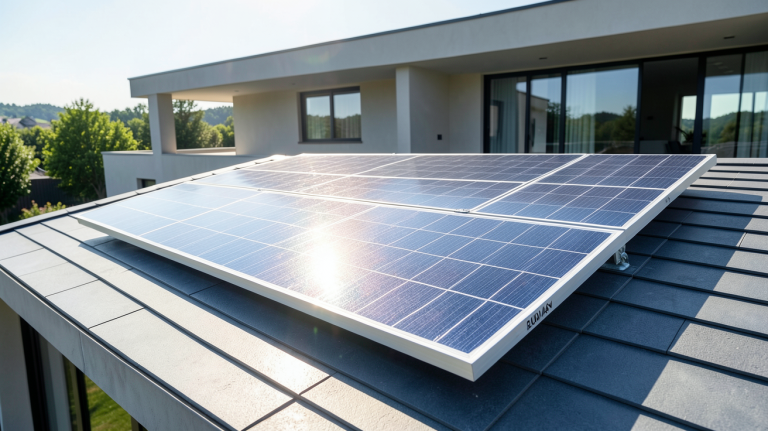 panneau solaire 500w 48v monocristallin installé sur une toiture résidentielle moderne sous un ciel clair