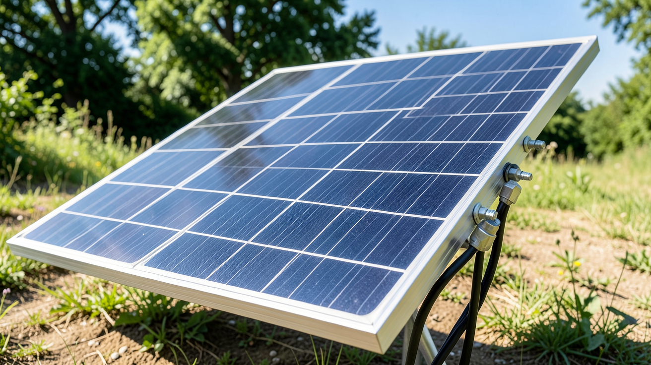 panneau solaire 500W 48V monocristallin posé sur un support incliné en extérieur avec détails techniques visibles