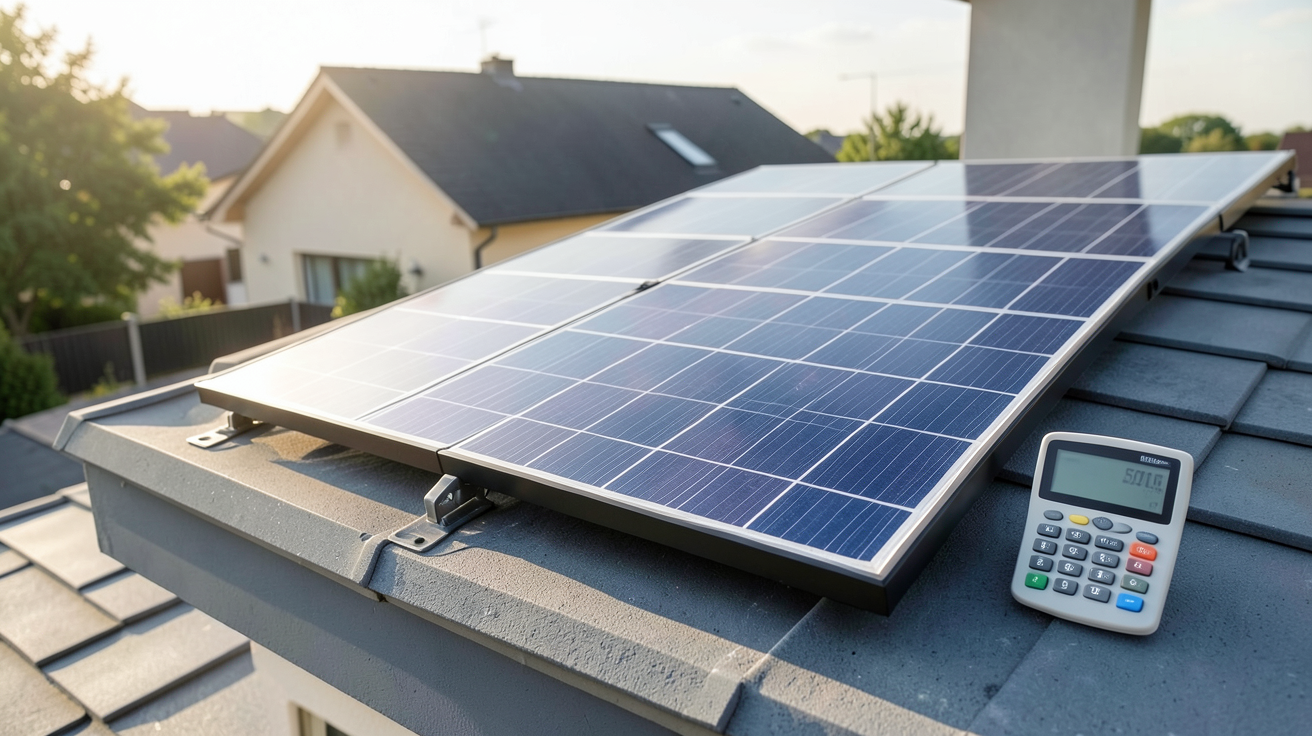 panneau solaire 500W installé sur un toit avec calculateur financier pour évaluer la rentabilité