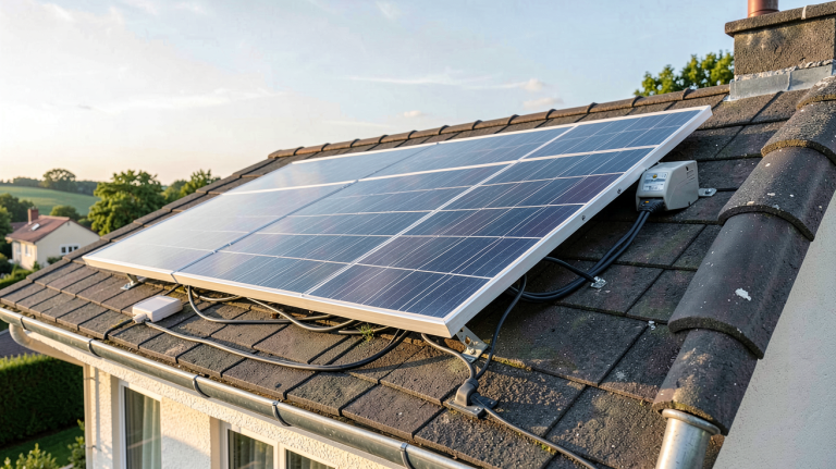 panneau solaire 500W installé sur le toit d'une maison avec vue sur le ciel dégagé