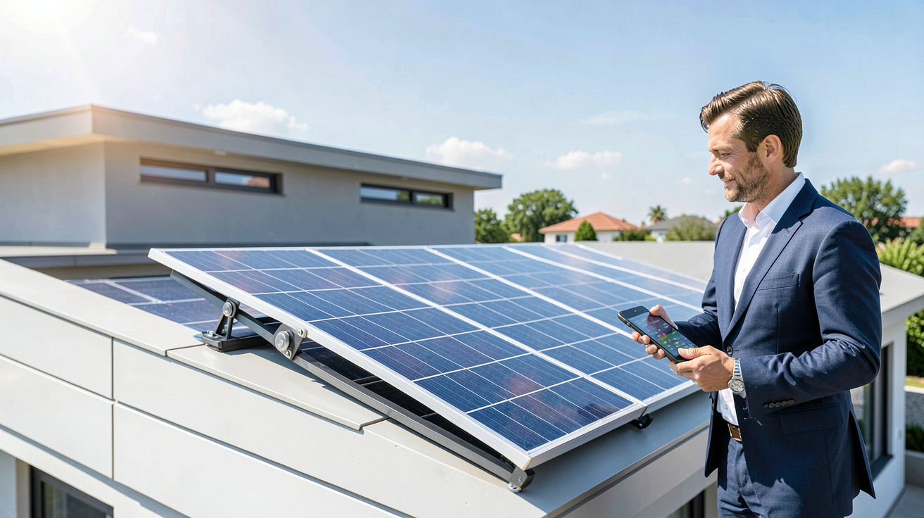 panneau solaire 500w prix montrant le dispositif installé sur un toit et un professionnel à côté, illustrant la rentabilité du système