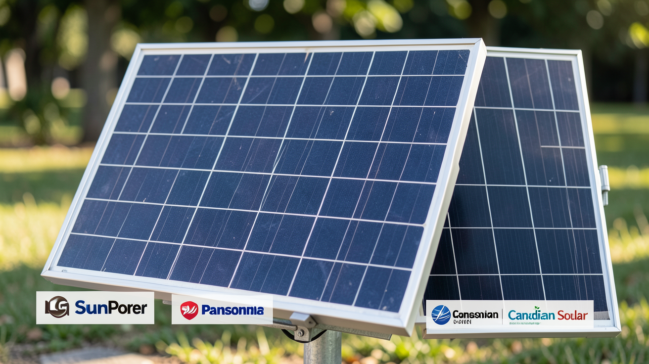 panneau solaire 500W SunPower posé sur un support métallique entouré de panneaux concurrents pour un comparatif technique