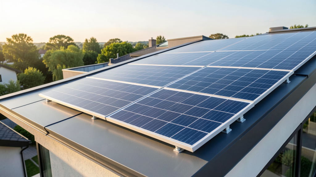 panneau solaire 500w sunpower installé sur le toit d'une maison moderne, capturé en plein jour avec une lumière naturelle éclatante.