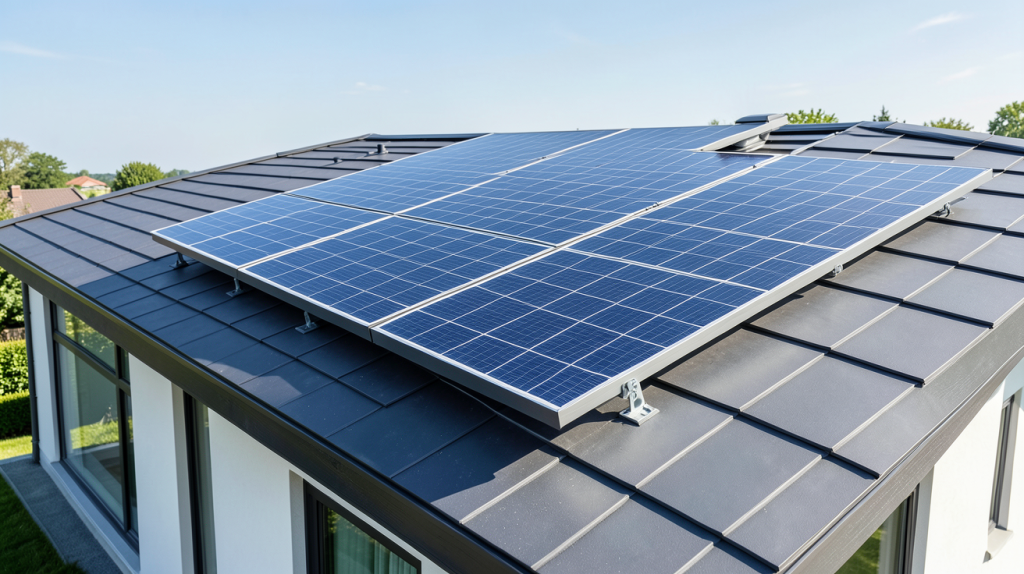 panneau solaire 500w installé sur le toit d'une maison moderne, capturé en haute résolution