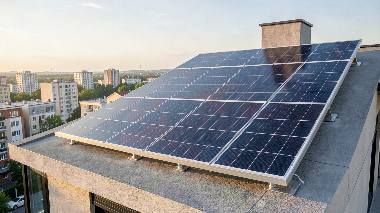 panneau solaire 500Wc bifacial N-Type installé sur le toit d'une maison urbaine moderne