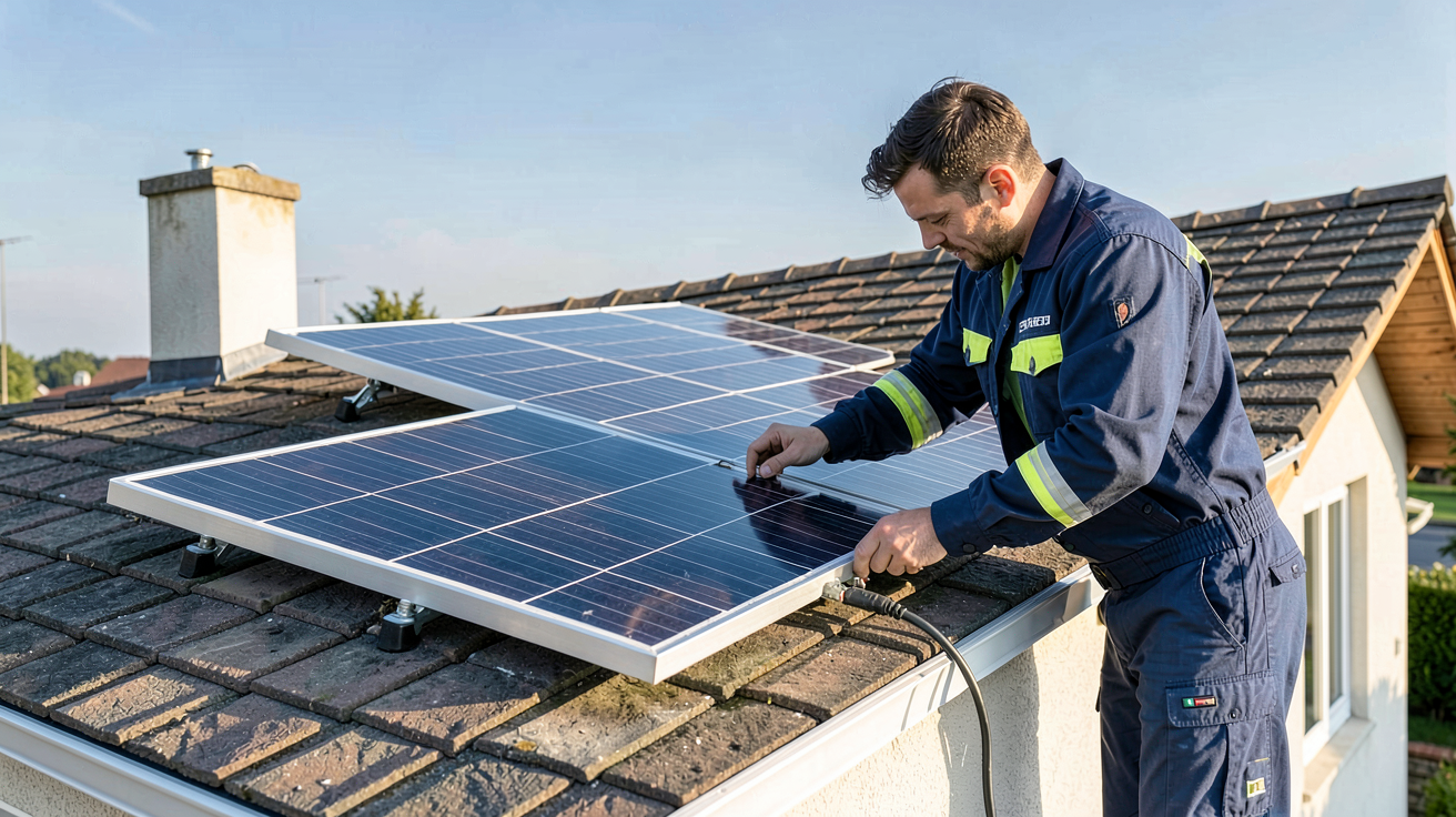 panneau solaire 500Wc installé sur le toit d'une maison avec un technicien en train de vérifier les connexions