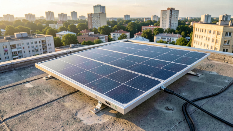 panneau solaire 500wc installé sur un toit-terrasse avec vue dégagée
