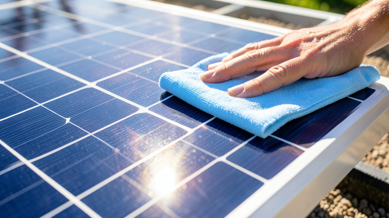 panneau solaire 50w en cours de nettoyage pour assurer sa performance et sa longévité