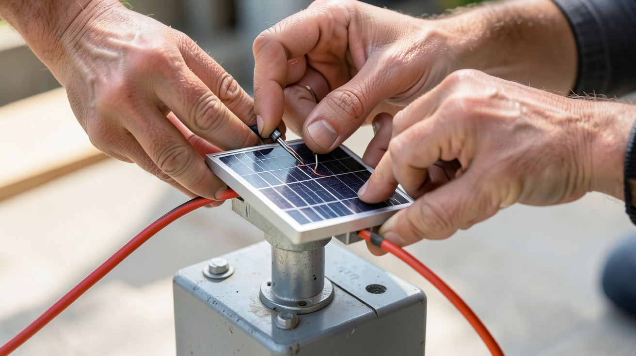 panneau solaire 50w en cours d'installation et de branchement électrique