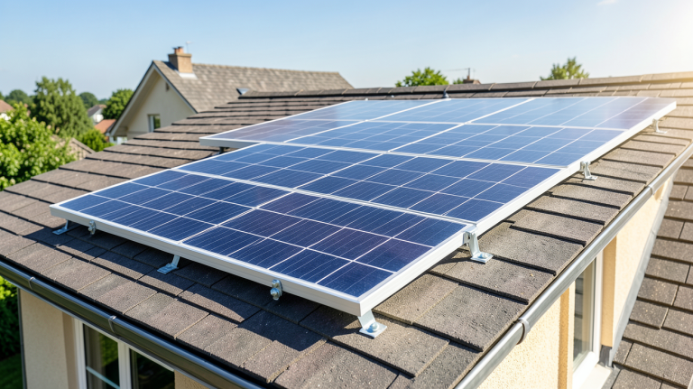 panneau solaire 50W installé sur le toit d'une maison en été
