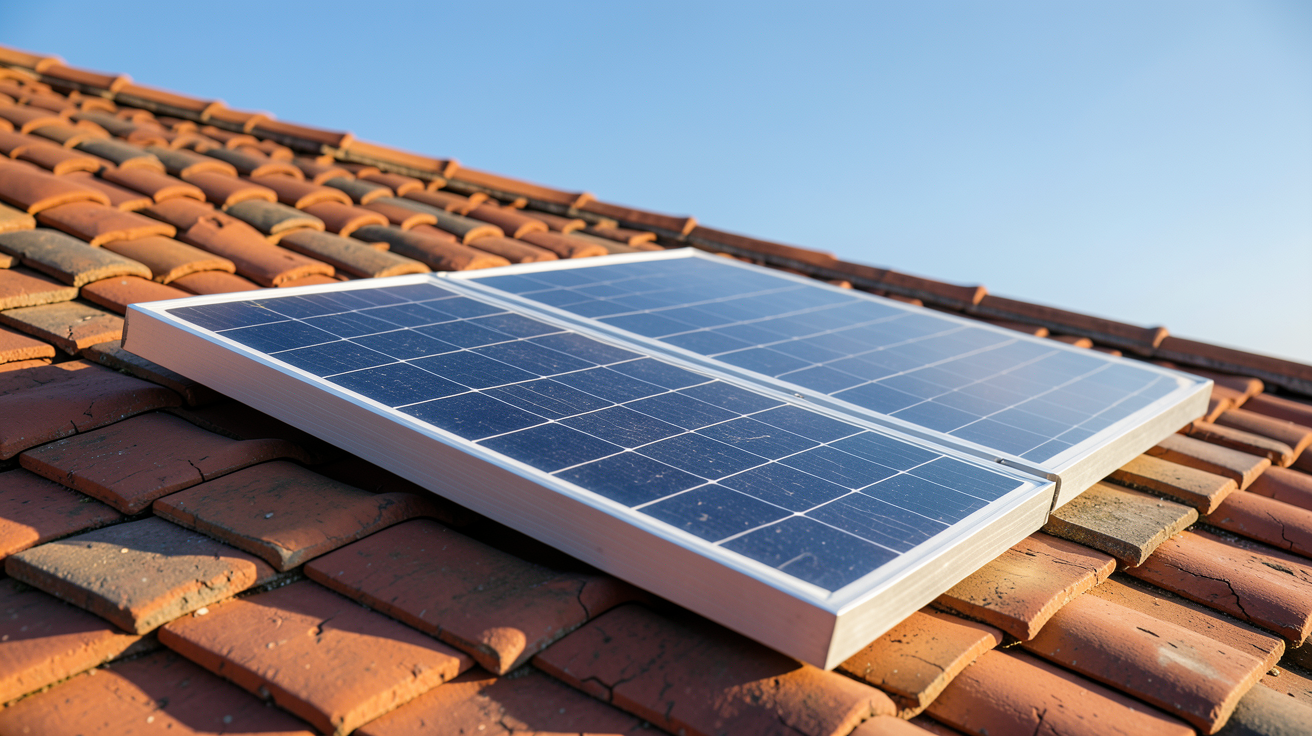 panneau solaire 550w monocristallin posé sur un toit en tuiles rouges