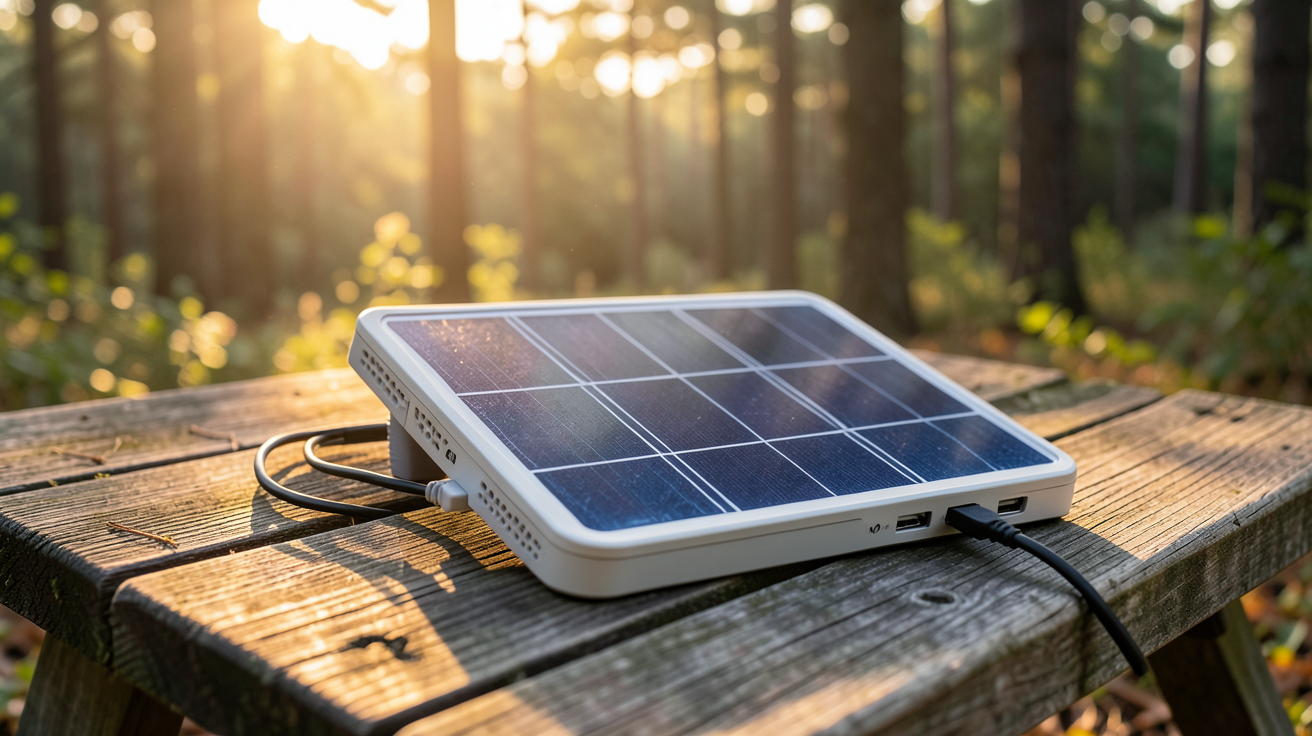 panneau solaire 5V portable posé sur une table de pique-nique en forêt