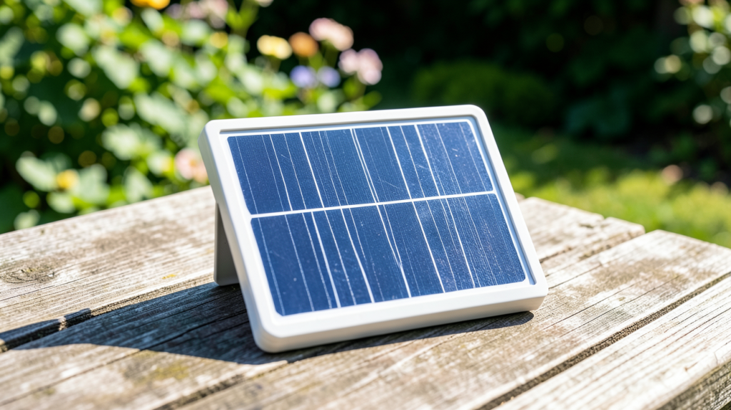 panneau solaire 5v de petite taille posé sur une surface en bois en plein soleil