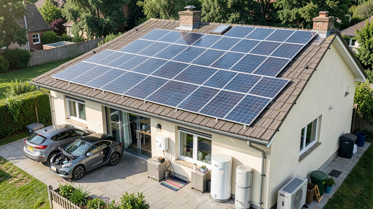 panneau solaire 6 kw prix montrant une installation de 6 kW alimentant une voiture électrique, un chauffe-eau, un climatiseur et des appareils ménagers dans un cadre résidentiel.