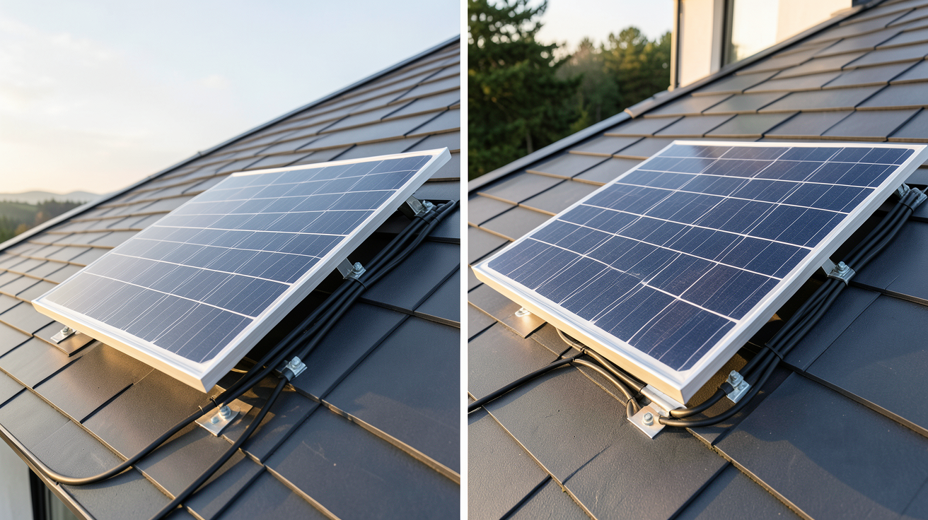 panneau solaire 600 watts installé sur un toit moderne avec deux configurations d'installation : portrait et paysage