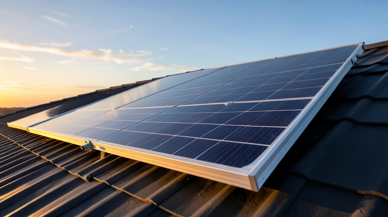 panneau solaire 600 watts monocristallin installé sur un toit incliné avec une lumière naturelle dorée