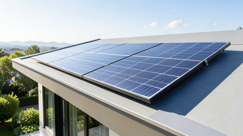 panneau solaire 600 watts installé sur le toit d'une maison moderne, capturé en haute résolution avec une lumière naturelle brillante.
