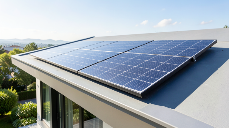 panneau solaire 600 watts installé sur le toit d'une maison moderne, capturé en haute résolution avec une lumière naturelle brillante.