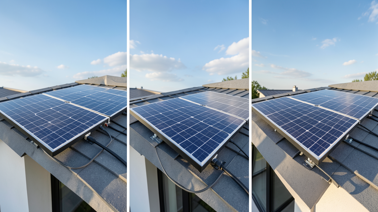 panneau solaire 600W installé dans trois configurations différentes sur un toit résidentiel moderne