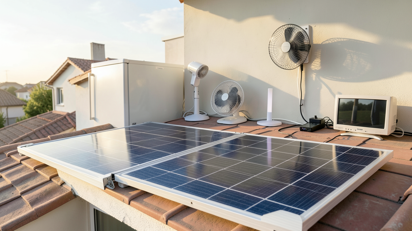 panneau solaire 600W alimentant un réfrigérateur, un ventilateur, une lampe LED, un chargeur et un téléviseur sur un toit résidentiel