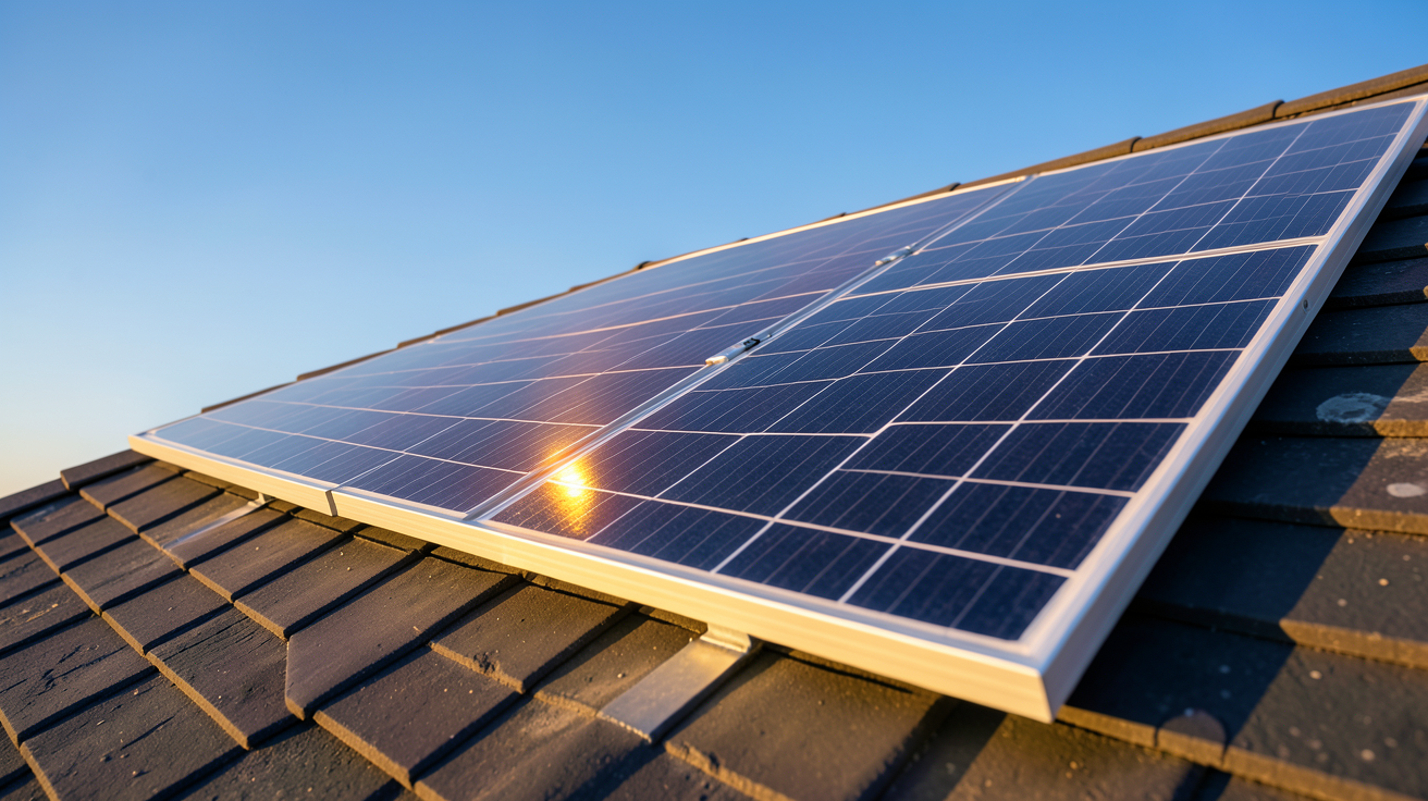 panneau solaire 600W installé sur un toit incliné avec une lumière naturelle du matin