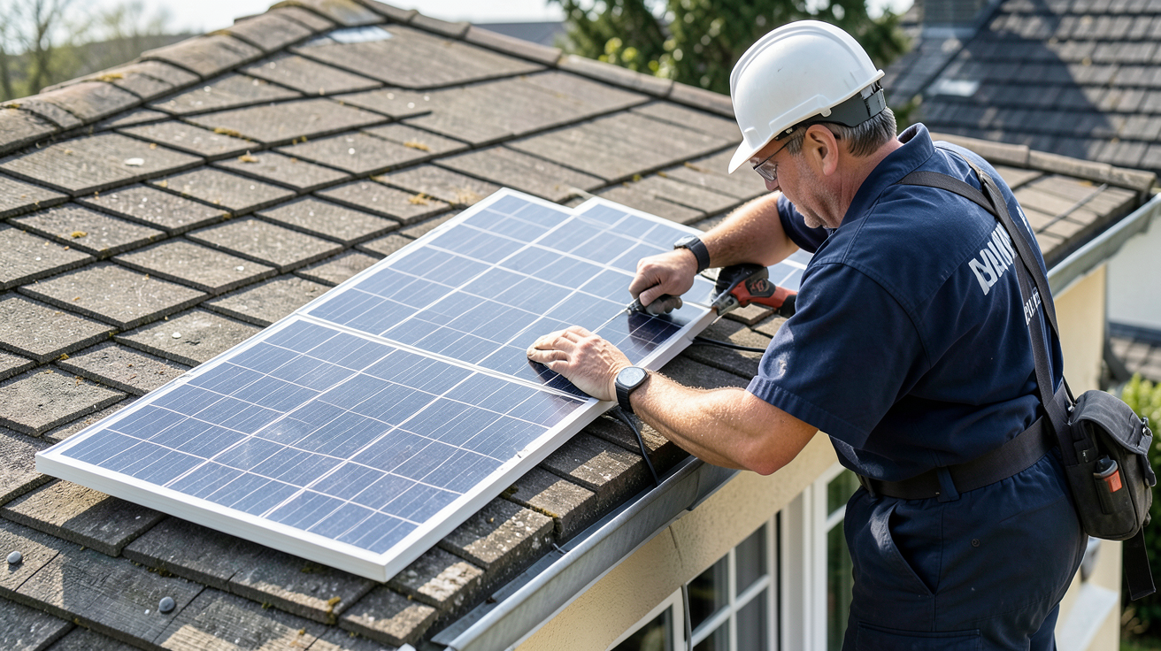 panneau solaire 60w installé sur un toit résidentiel avec un installateur montrant les cinq étapes du guide d'installation, sous lumière naturelle