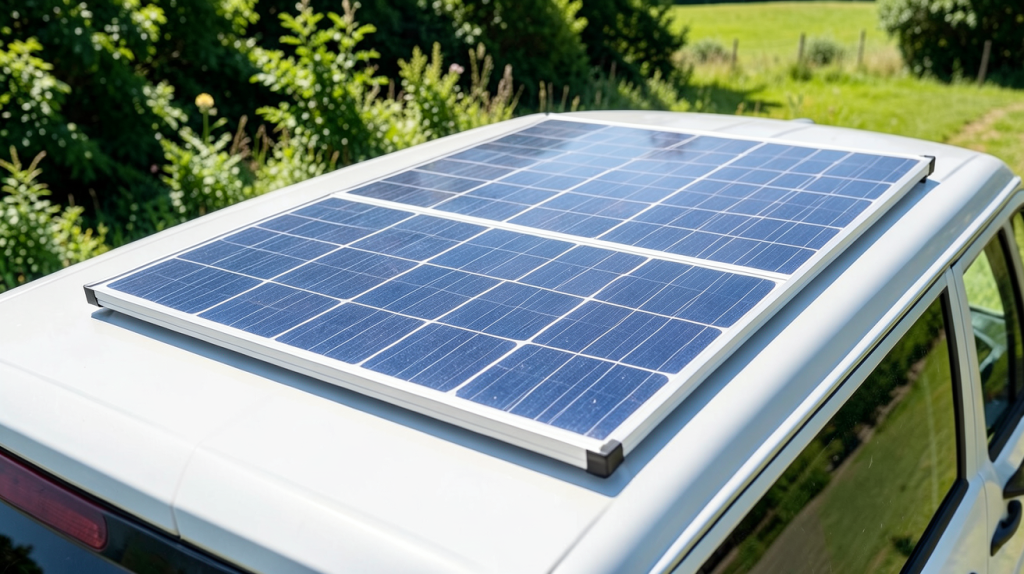 panneau solaire 60w installé sur le toit d'un véhicule de camping sous un ciel dégagé