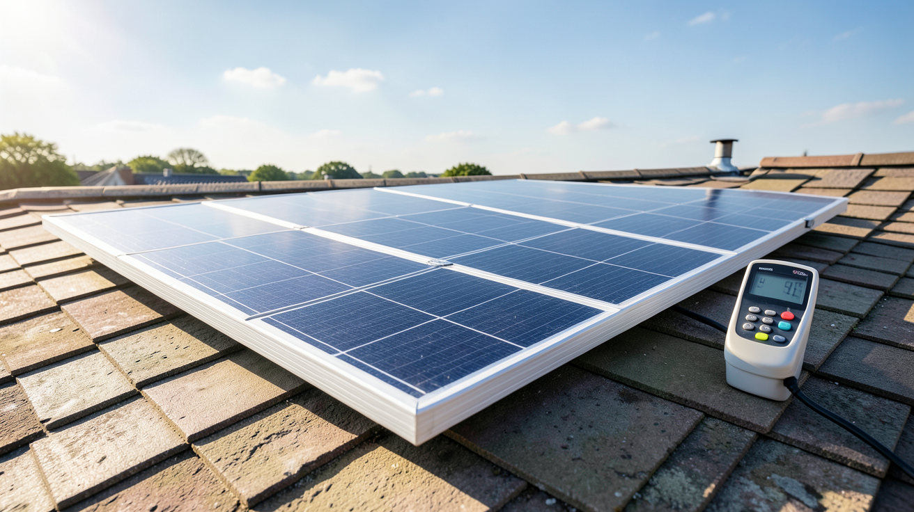 panneau solaire 60w montrant son rendement maximal sous le soleil, vue rapprochée avec dispositif de mesure de performance.
