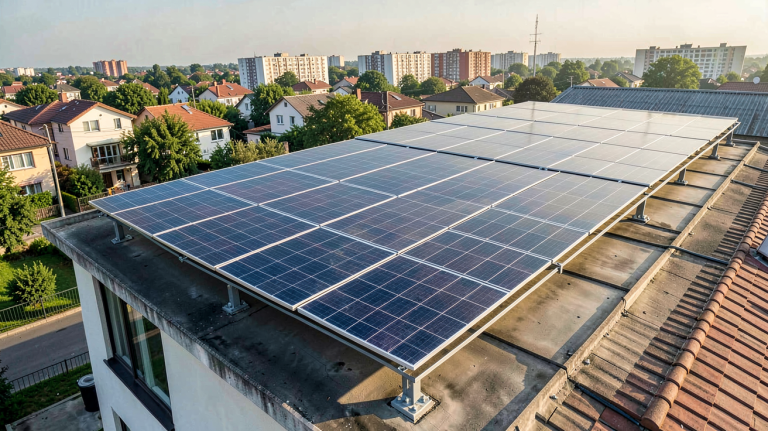 panneau solaire 6 kW installé sur le toit d'une maison individuelle avec onduleur et câblage visible