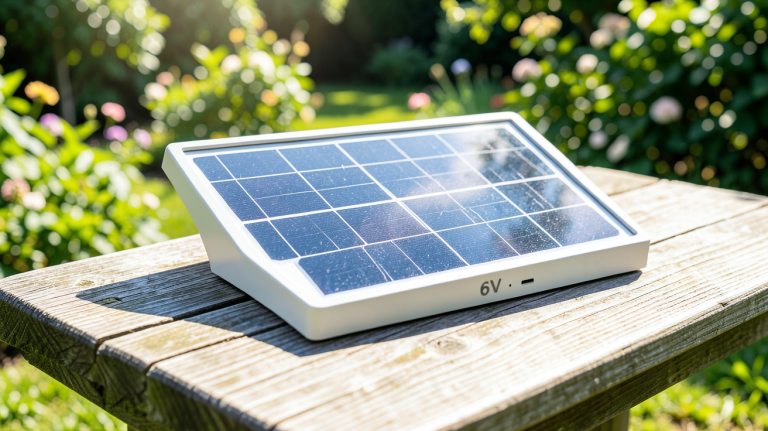 panneau solaire 6v posé sur une surface en bois en extérieur sous le soleil