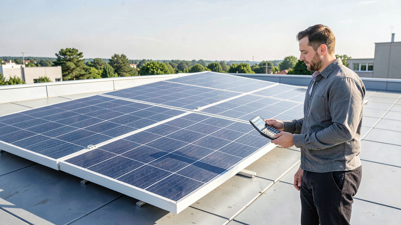 panneau solaire 700w installé sur un toit avec un calculateur à côté, illustrant la rentabilité financière pour 2025