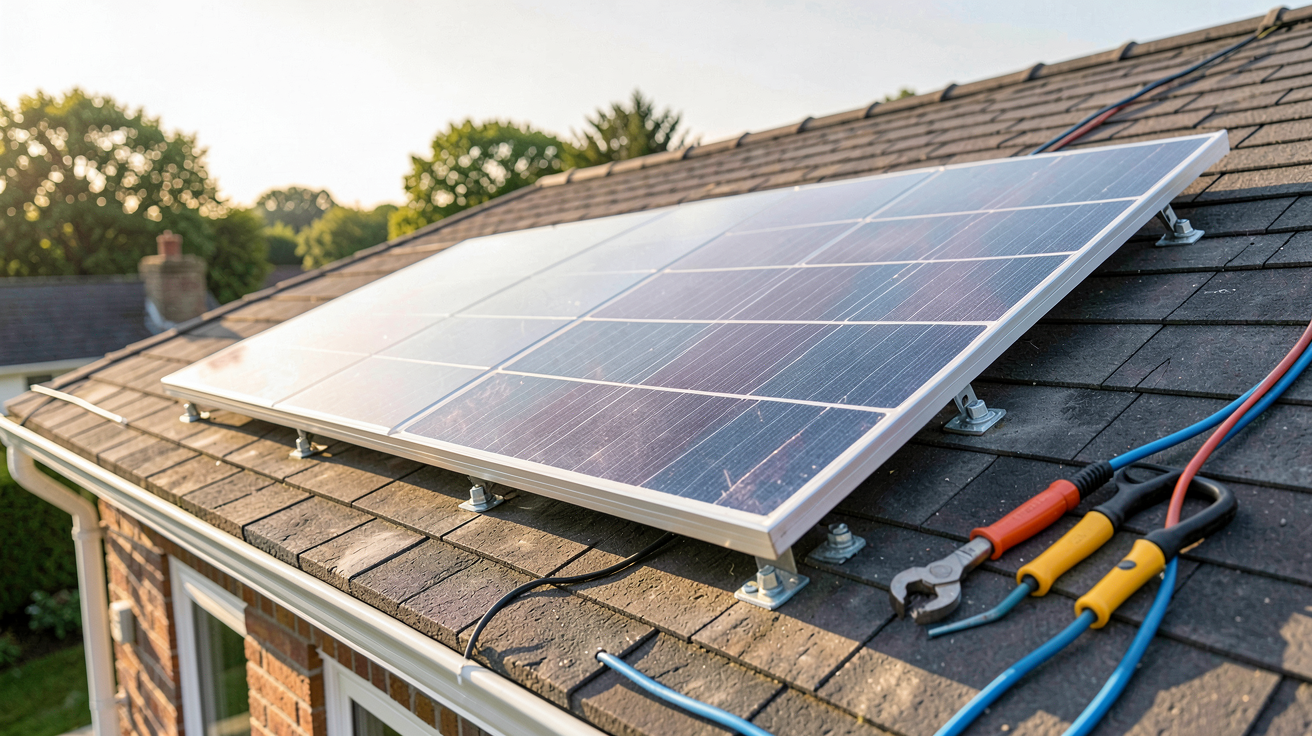 panneau solaire 700W en cours d'installation sur le toit d'une maison avec outils et fixations