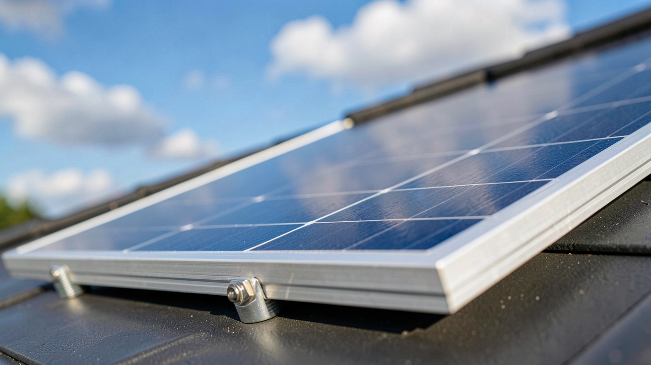 panneau solaire 700W monocristallin posé sur un toit incliné avec ciel bleu en arrière-plan