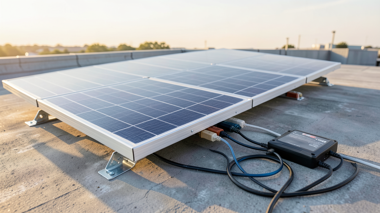 panneau solaire 800W en cours d'installation sur un toit avec système plug & play connecté à un onduleur