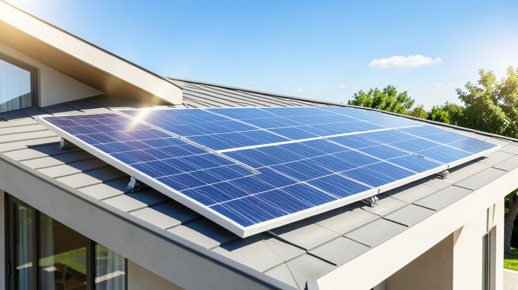 panneau solaire 800w installé sur le toit d'une habitation moderne sous un ciel clair